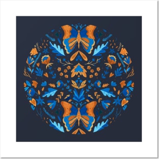 Watercolor blue and ocher butterfly pattern with folk flowers Posters and Art